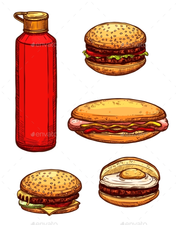Fast Food Hamburgers, Ketchup Sketch Vector Icons - Food Objects