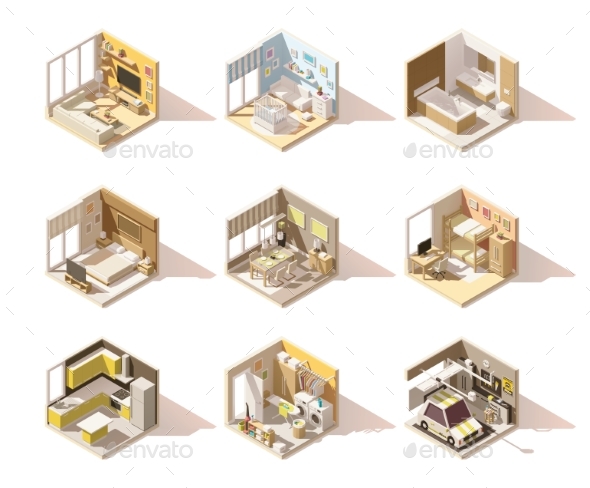 Vector Isometric Low Poly Home Rooms Set - Buildings Objects