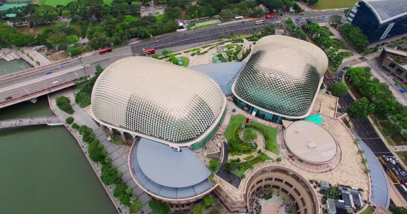 Aerial Footage of Singapore City, Concert Hall and Skyscrapers with City Skyline