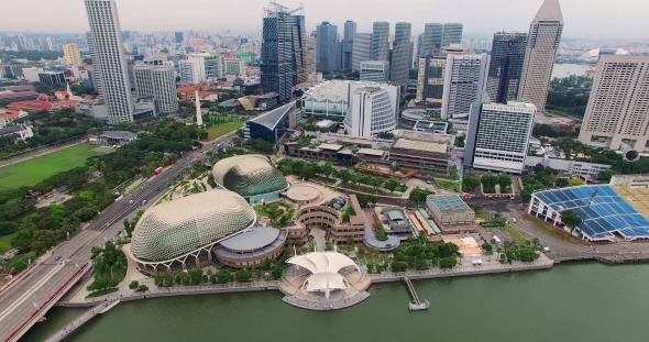 Aerial Footage of City Skyline with Concert Hall in Singapore