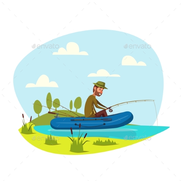 Fisher Man Fishing on Boat with Fish Rod Vector - Sports/Activity Conceptual