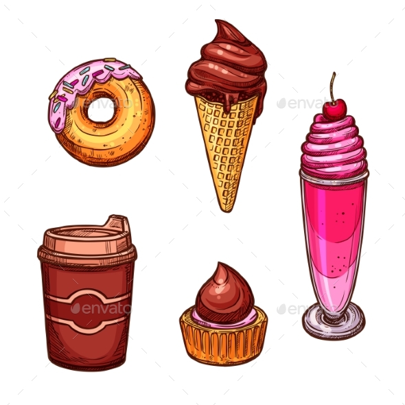 Pastry Desserts and Sweets Vector Sketch Icons - Food Objects