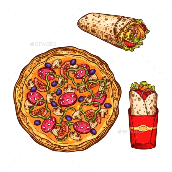 Fast Food Pizza, Doner Burrito Vector Sketch Icons - Food Objects