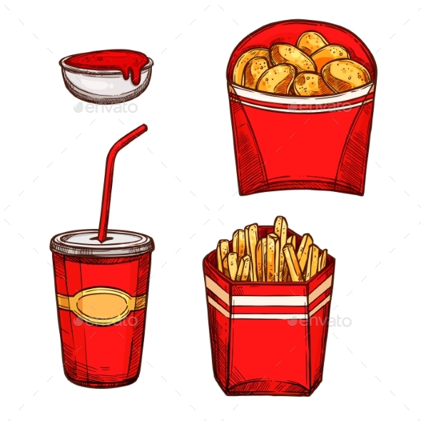 Fast Food Snacks, Drinks Vector Isolated Icons - Food Objects