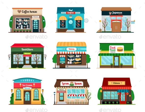 Shop and Cafe Colorful Icons - Buildings Objects