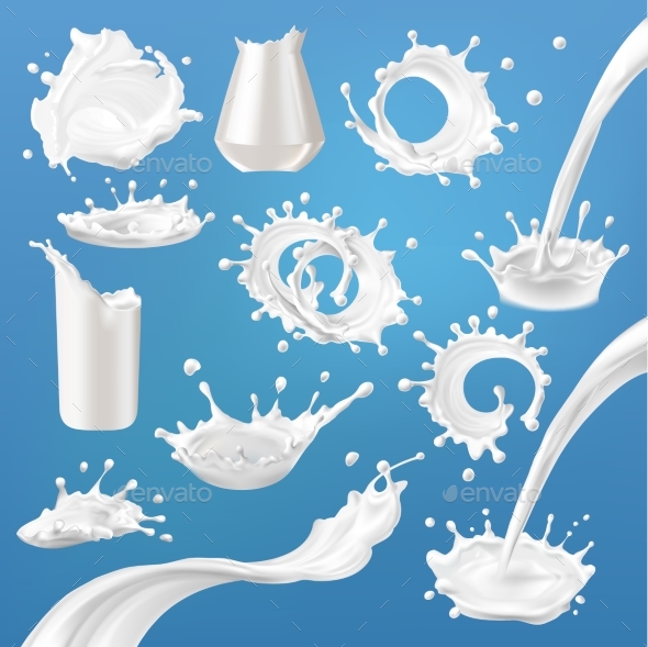 Set Of 3d Vector Milk Splash And Pouring By Vectorpocket Graphicriver