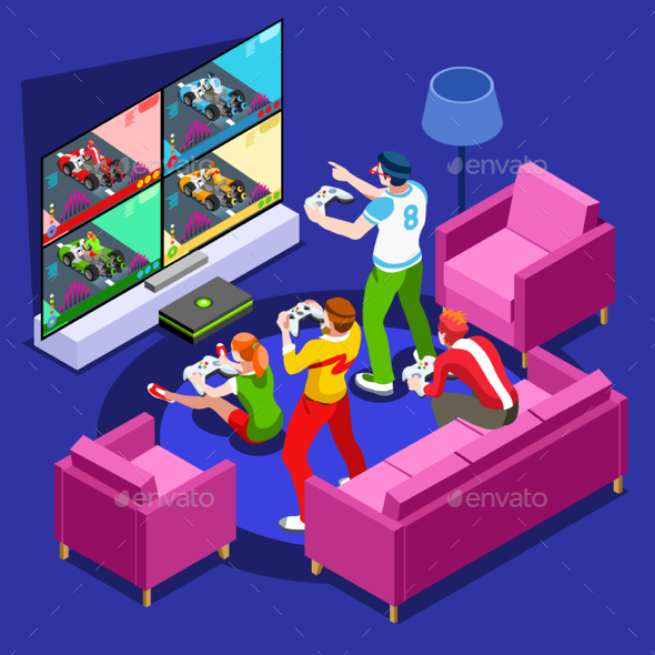 Video Game Console Gaming Isometric Person Vector Illustration - Computers Technology