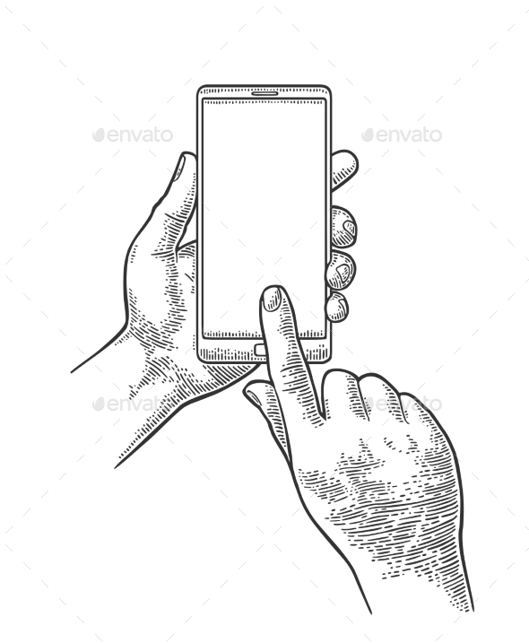 Male Hand Holding Phone Vintage Engraving - Communications Technology