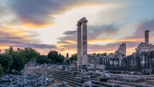 Ruins of the Largest in the World Apollo Temple with Spectacular Sunrise, Didim, Turkey, , .