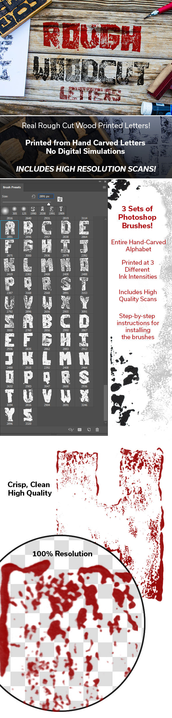 Rough Cut Wood Printed Letter Brushes - Brushes Photoshop