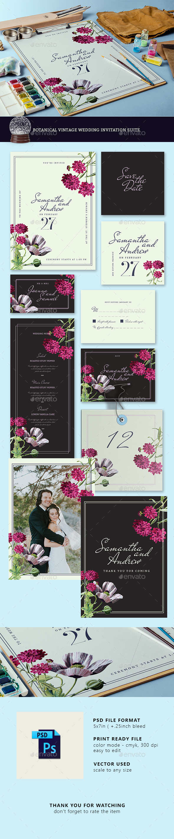 Botanical Vintage Wedding Invitation Suite - Weddings Cards & Invites