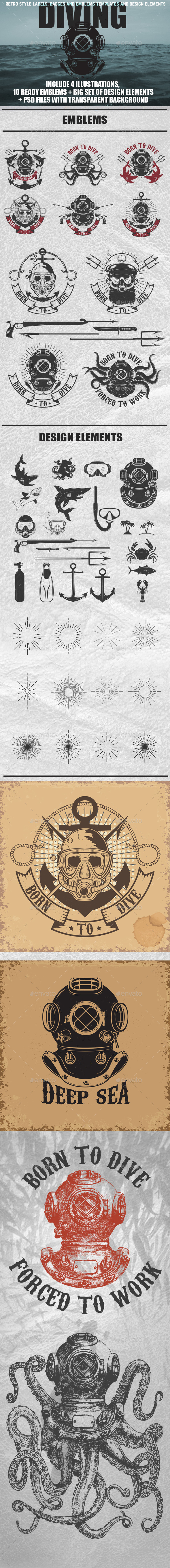 Set of Vintage Diver Helmets, Diver Label Templates and Design Elements - Retro Technology