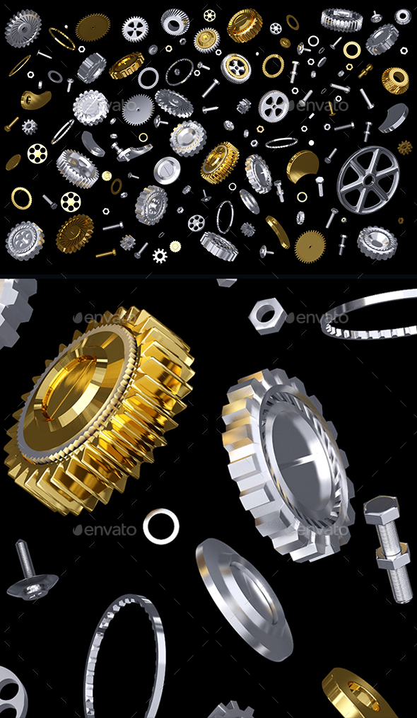 3D rendering of silver and gold gears set - Objects 3D Renders