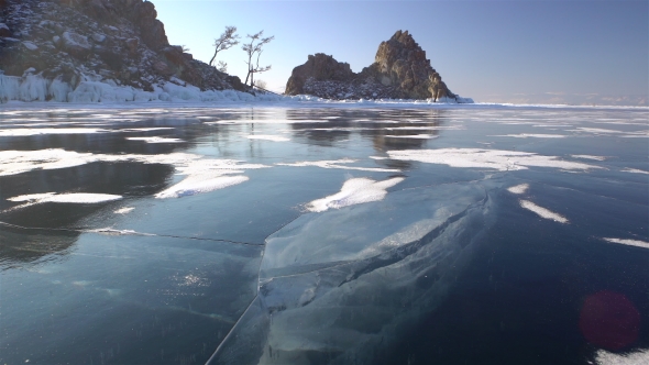 Unusual Winter Landscape. Cracks on Lake Baikal.