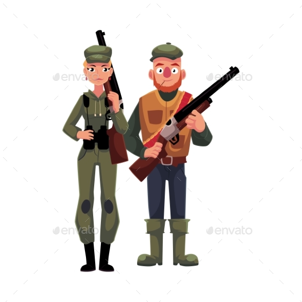 Two Typical Hunters, Male and Female, Standing - People Characters
