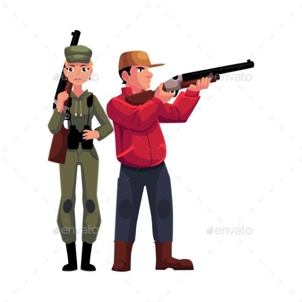 Two Typical Hunters, Male and Female, Standing - People Characters