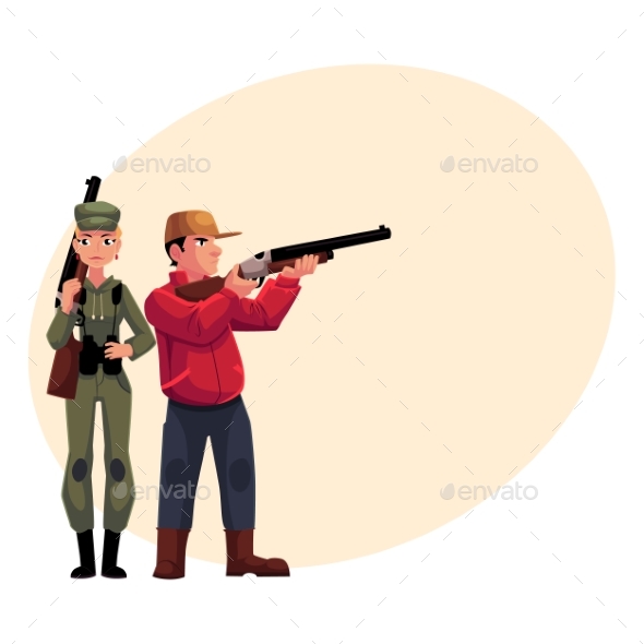 Two Typical Hunters, Male and Female, Standing - People Characters