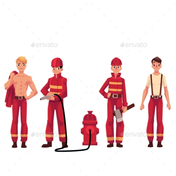 Firefighter, Fireman in Red Protective Suit - People Characters