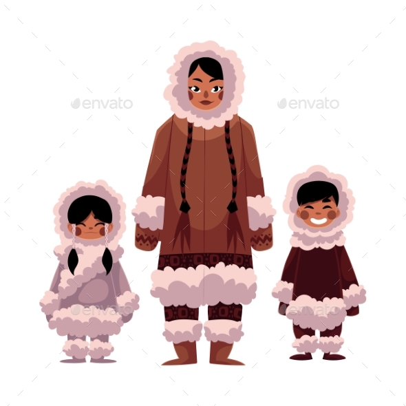 Eskimo, Inuit Woman with Two Kids in Warm Winter - People Characters