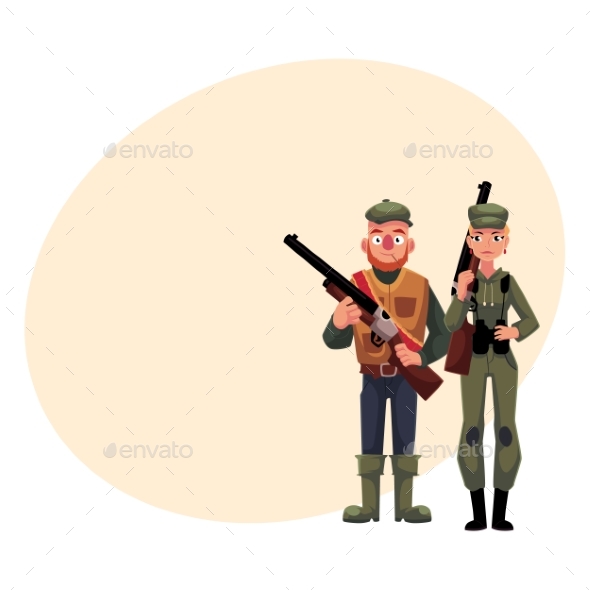 Two Typical Hunters, Male and Female, Standing - People Characters