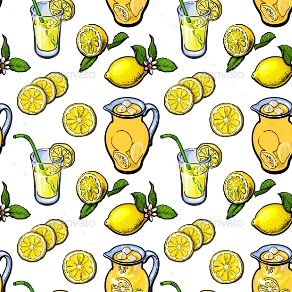 Sketch Style Seamless Pattern of Lemon, Lemonade - Backgrounds Decorative
