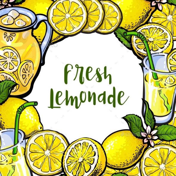 Square Frame of Lemons, Lemonade with Round Place - Food Objects