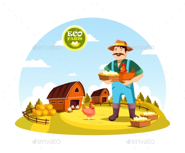 Cartoon Farmer Man Holding Eggs and Hen - Food Objects