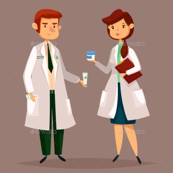 Pharmacist and Woman Druggist with Pills - Health/Medicine Conceptual