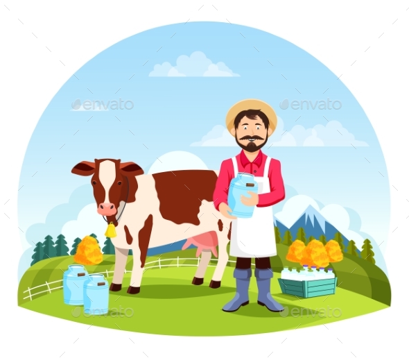 Man Near Cow with Bottles and Cans of Milk - Animals Characters