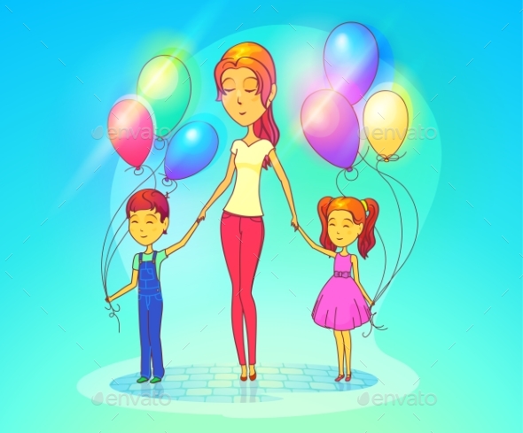 Mother or Woman with Daughter and Son - People Characters