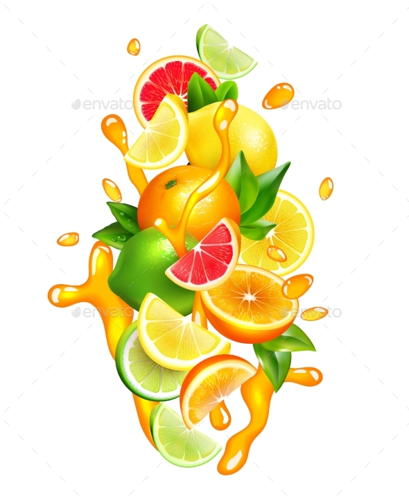 Citrus Fruits Juice  Drops Colorful Composition