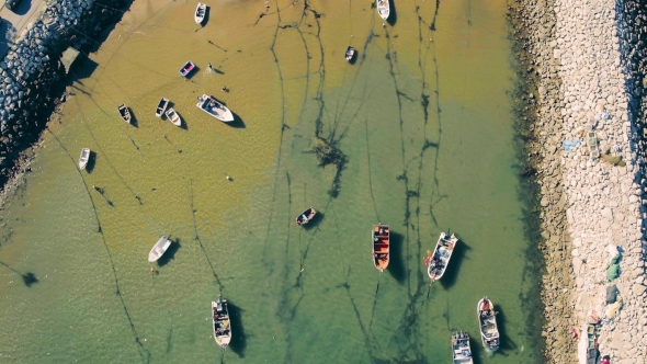 Aerial View Moored Fishing Boats in Harbor