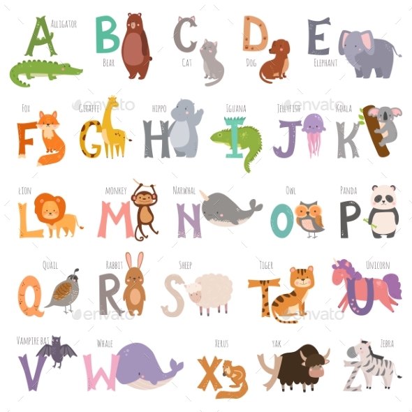 Zoo Alphabet with Cartoon Animals Isolated - Backgrounds Decorative