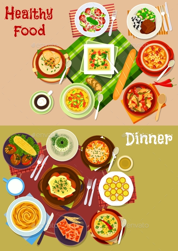 Bulgarian Cuisine Dishes Icon Set for Menu Design - Food Objects