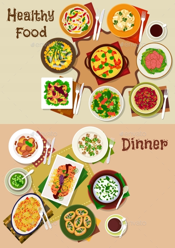 Salad and Snack Dishes for Festive Dinner Icon Set - Food Objects
