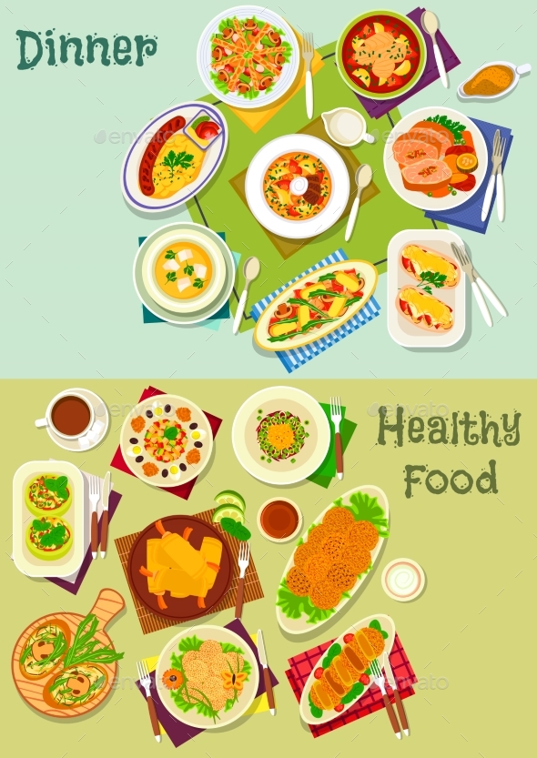 Dinner Dishes Icon Set with Salad, Snack and Soup - Food Objects