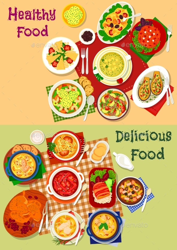 Russian Cuisine Soup and Fresh Salad Icon Set - Food Objects
