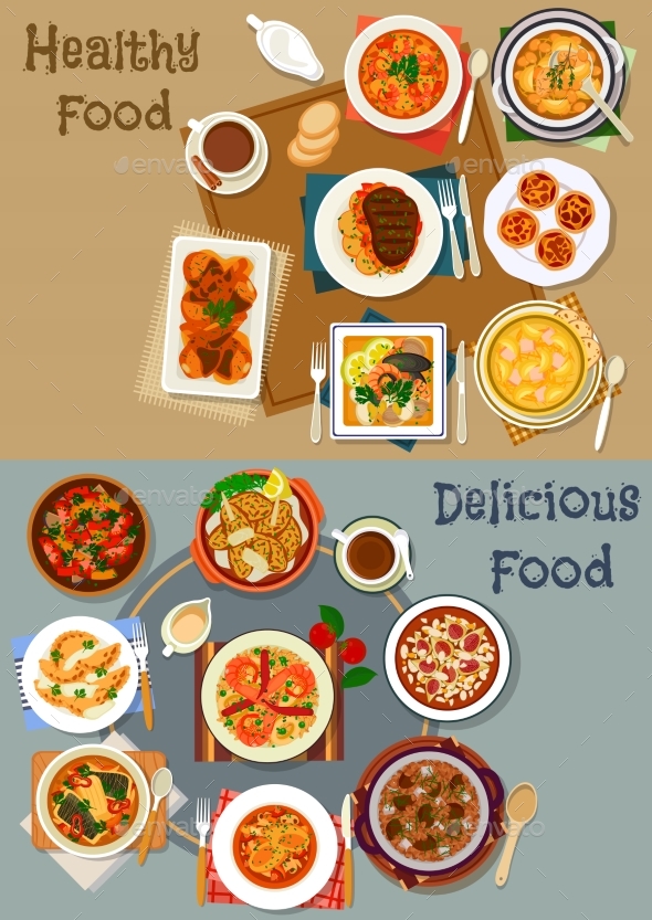 Portuguese Cuisine Dishes Icon Set for Menu Design - Food Objects