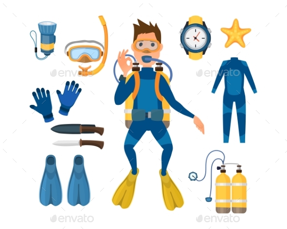 Spearfishing Diving Equipment Vector Set - People Characters