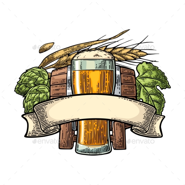 Glass Beer with Ribbon, Barrel, and Hop Branch - Food Objects