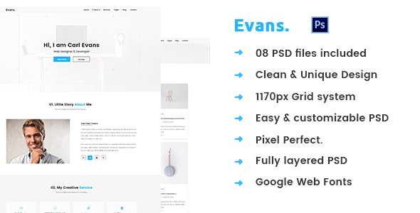 Evans – Minimal Personal Portfolio PSD Template - Portfolio Creative