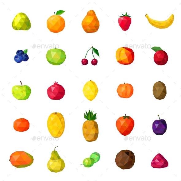 Fresh Fruits Colorful Polygonal Icons Collection