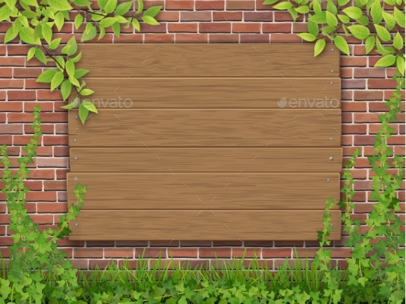 Wooden Sign Grass and Ivy on Red Brick Wall - Nature Conceptual