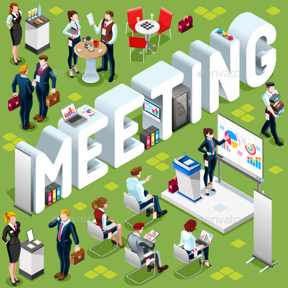 Isometric People Meeting 3D Icon Set Vector Illustration - People Characters
