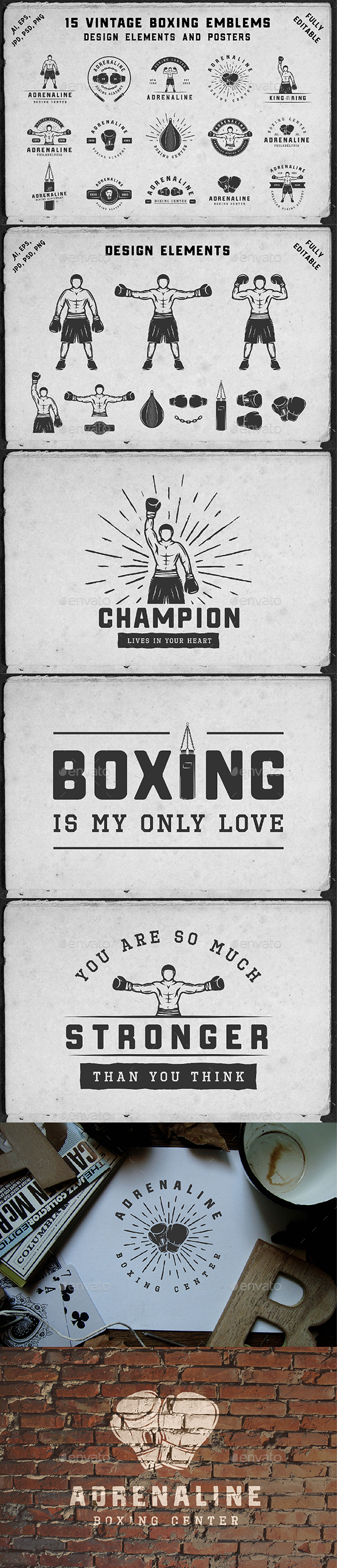 15 Vintage Boxing Emblems - Badges & Stickers Web Elements