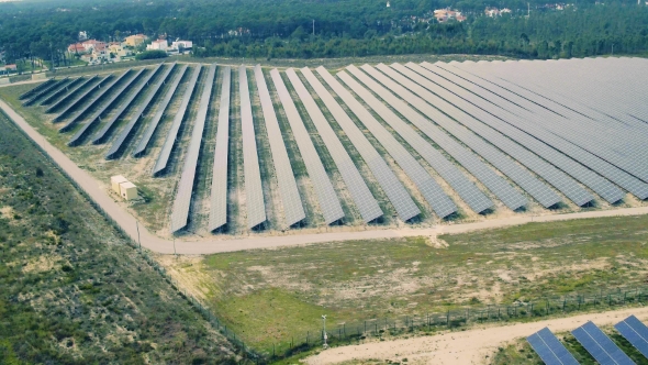Aerial View Over Solar Panel Farm