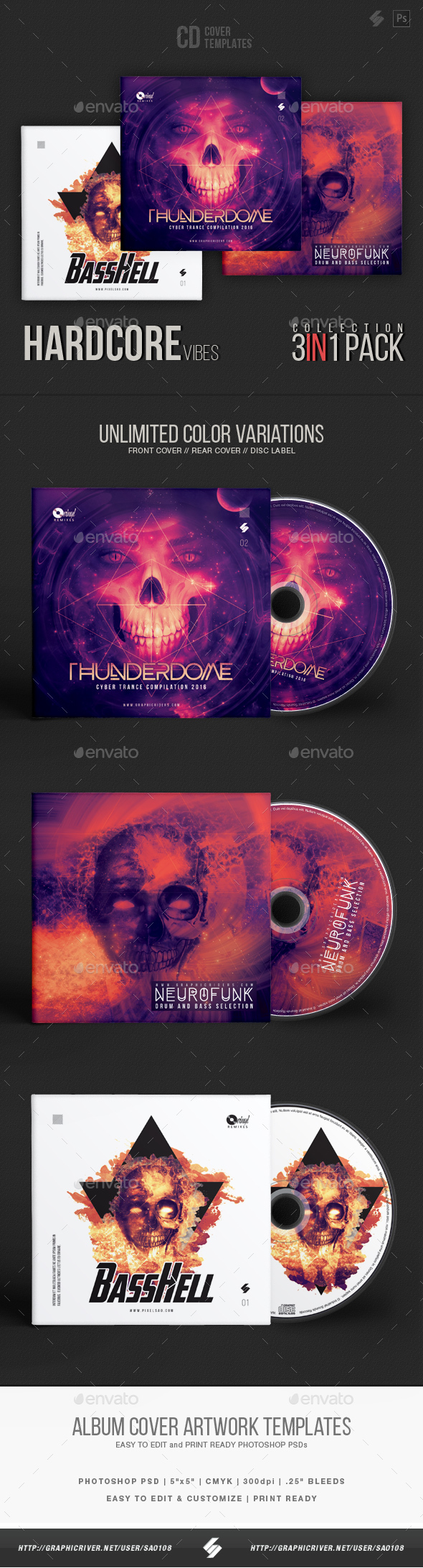 Hardcore Vibes - CD Cover Artwork Templates Bundle - CD & DVD Artwork Print Templates