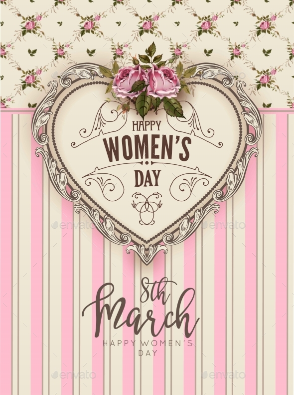 Women Day Retro Greeting Card Flower Heart on Pink - Flowers & Plants Nature