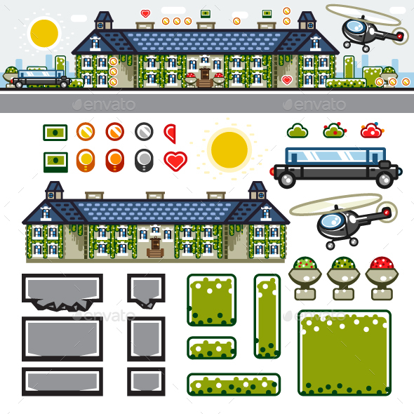 Luxury Mansion Flat Game Level Kit - Backgrounds Game Assets