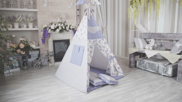 Playroom for Kids with Teepee or DIY Tent, Decorated Flags.